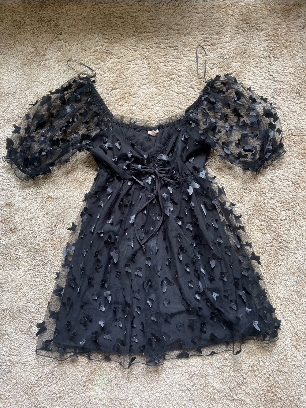 Butterfly Babydoll Mini Dress Girlhoodcore Black Event Sheer Flowy Flutter Sz M